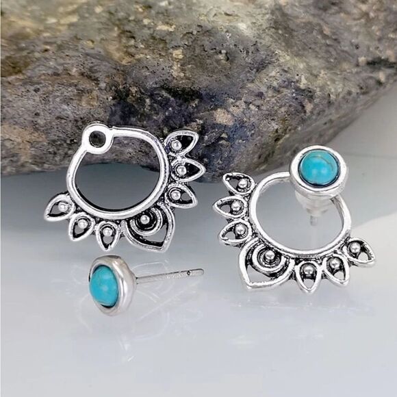 Simple Earring Jackets with fake turquoise stones - Picture 4 of 9